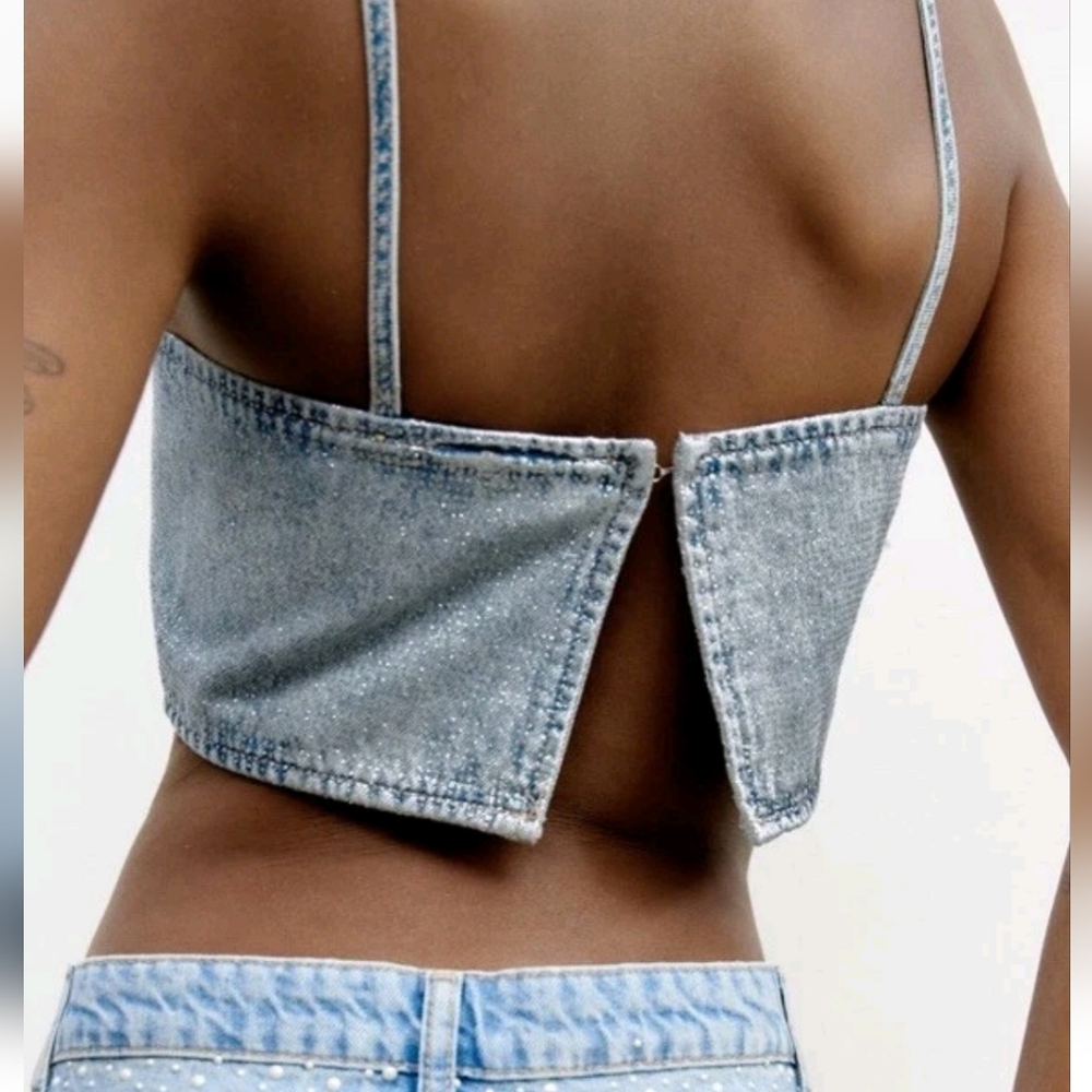 Zara SEQUINNED FOIL DENIM CROP TOP - Picture 4 of 8